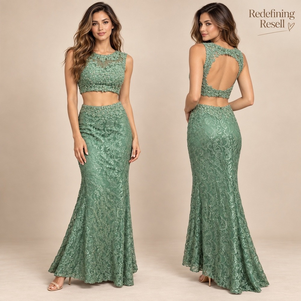 Clarisse Sage Green Lace Two Piece Mermaid Gown Rhinestone Prom Dress Size 3/4